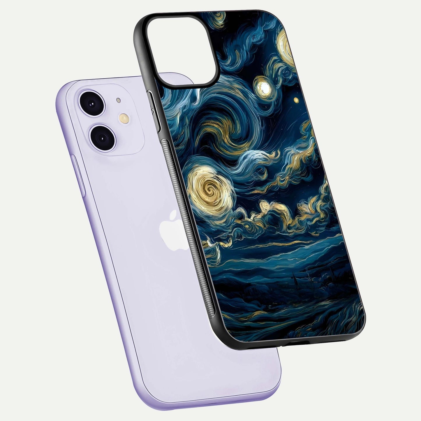 Midnight Sky Whirl Glass Case for iPhone 11 floating dual-view mockup showing gloss texture and shine