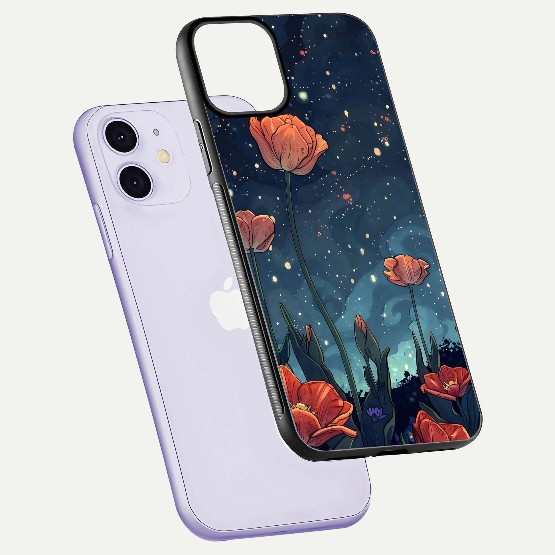 Midnight Tulip Glow Glass Case for iPhone 11 floating dual-view mockup showing HD gloss and tulip tone