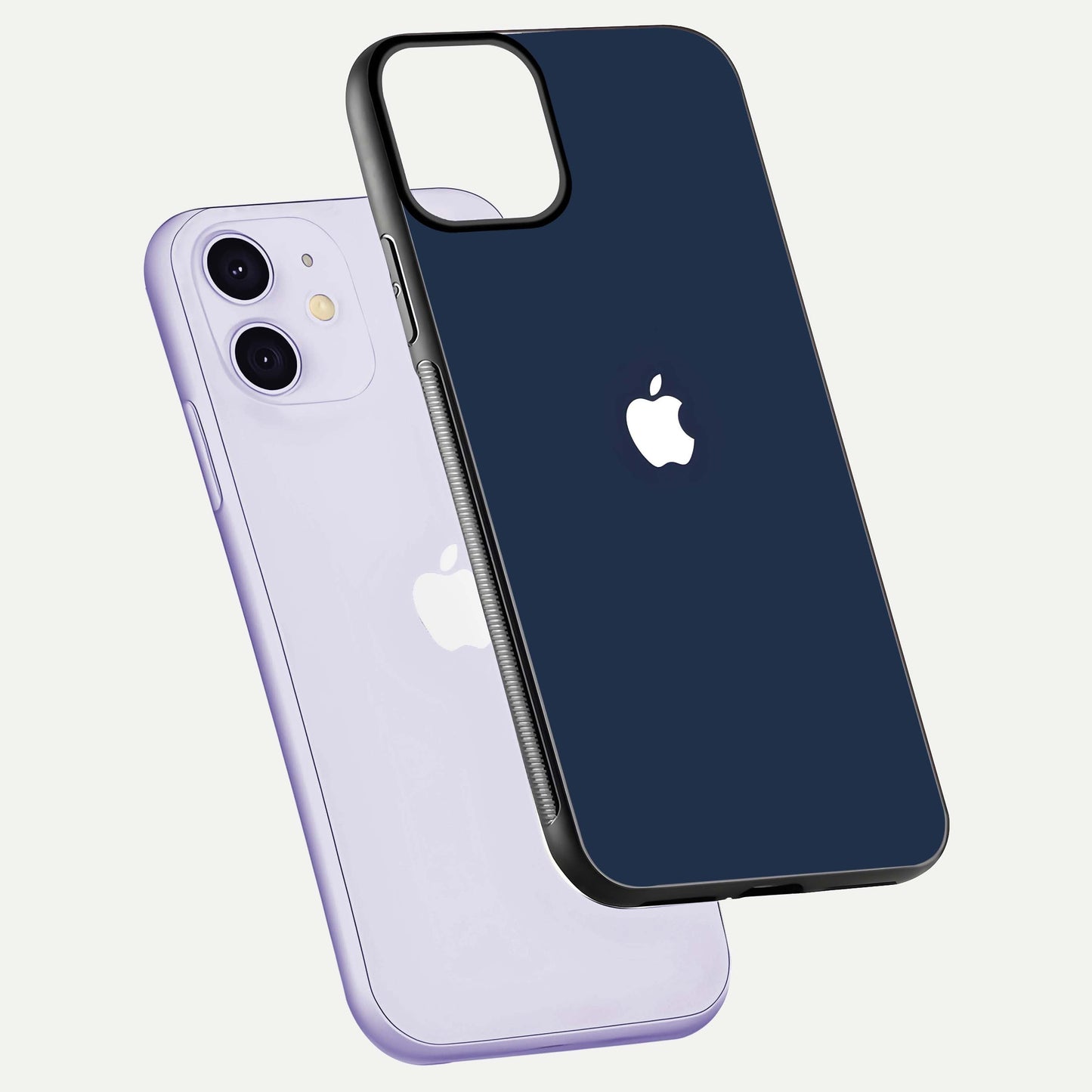 Minimal Apple Night Glass Case for iPhone 11 floating dual-view mockup showing HD shine and minimal style