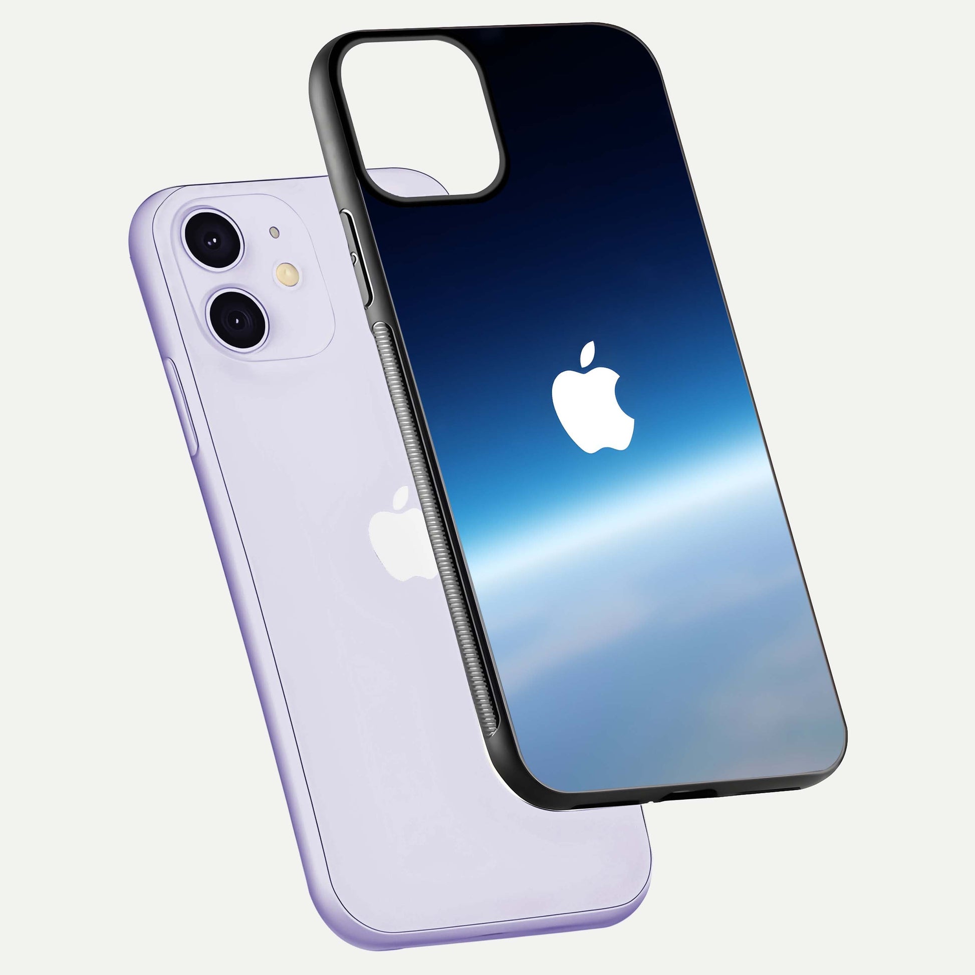 Minimal Apple Sky Glass Case for iPhone 11 floating dual-view mockup showing HD gloss and Apple design