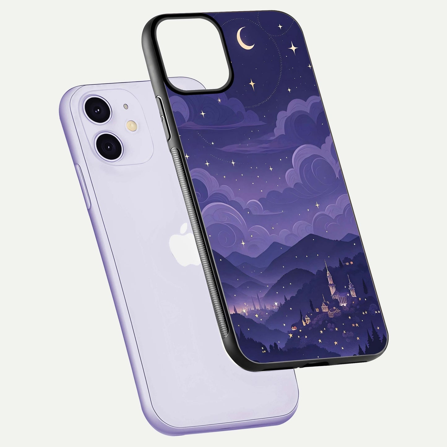 Minimal Night View Glass Case for iPhone 11 floating dual-view mockup showing HD gloss and clean lines