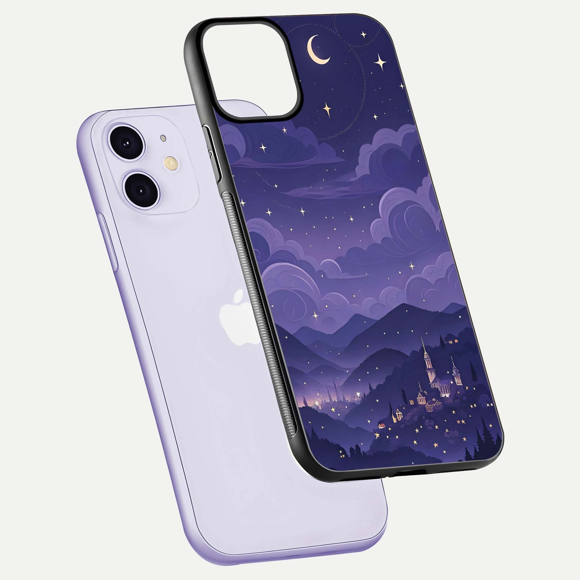 Minimal Night View Glass Case for iPhone 11 floating dual-view mockup showing HD gloss and clean lines