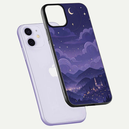 Minimal Night View Glass Case for iPhone 11 floating dual-view mockup showing HD gloss and clean lines