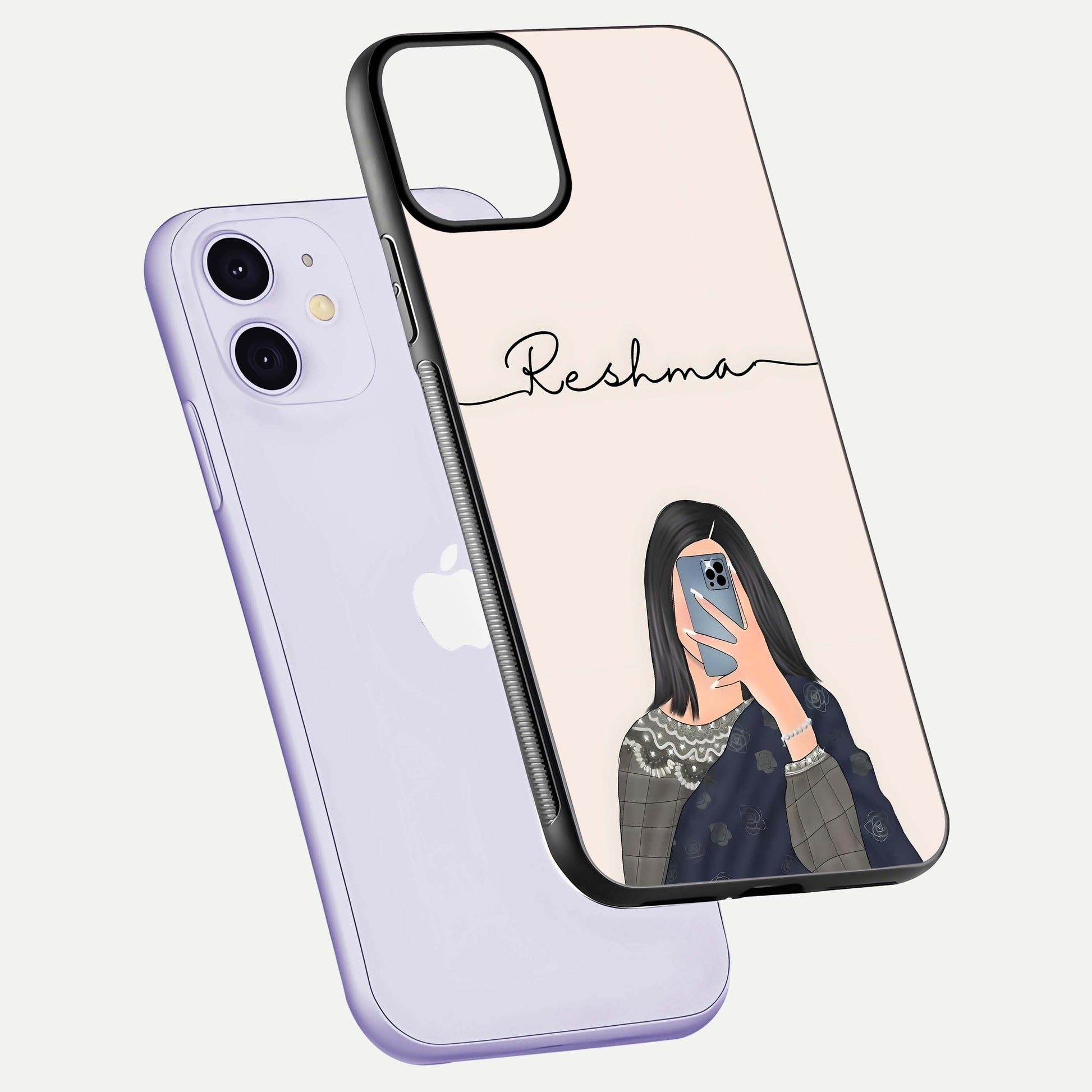 Mirror Mood Muse Custom Name Glass Case for iPhone 11 floating dual-view mockup showing reflection and luxury style