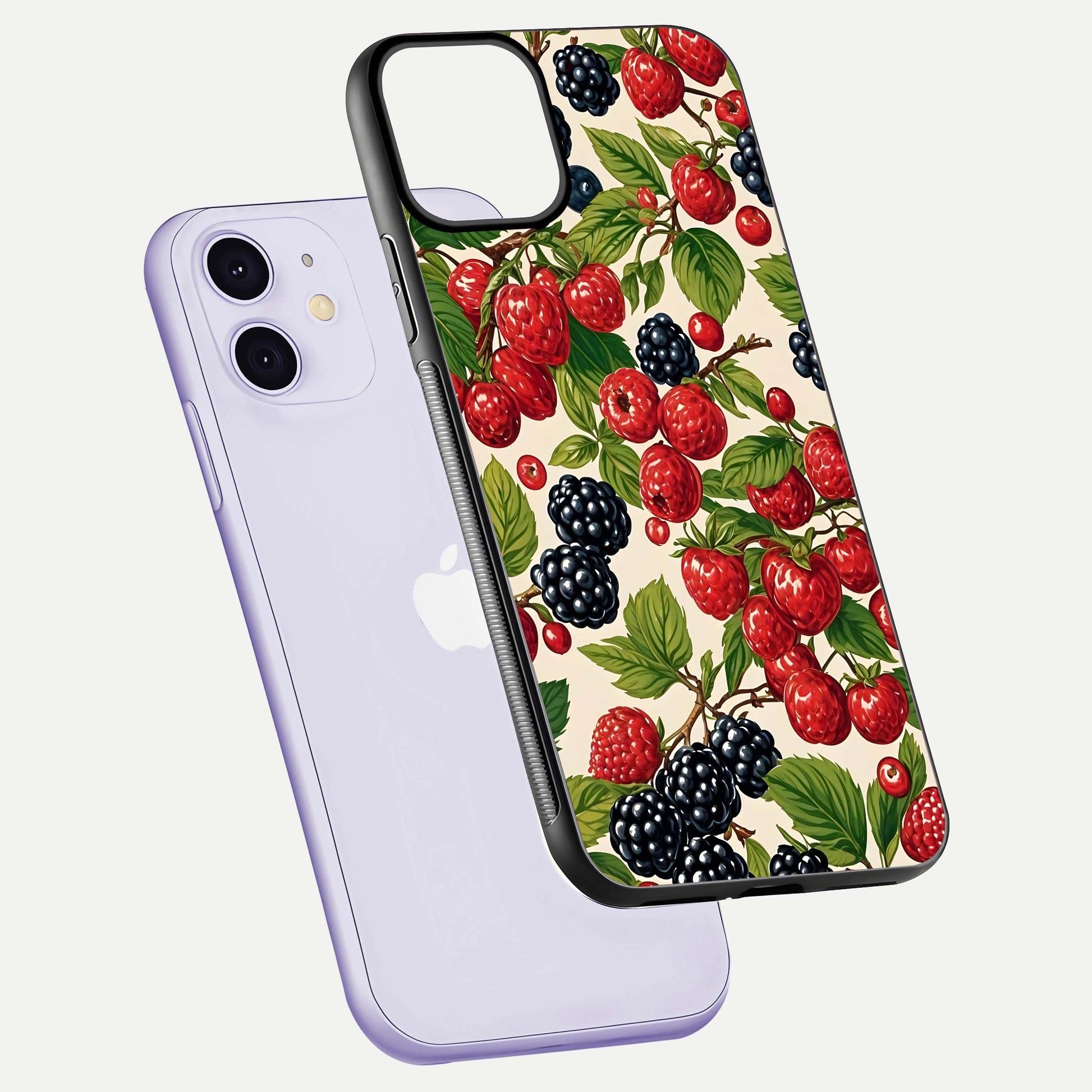Mixed Berry Collage Glass Case for iPhone 11 floating dual-view mockup showing gloss depth and vibrant design