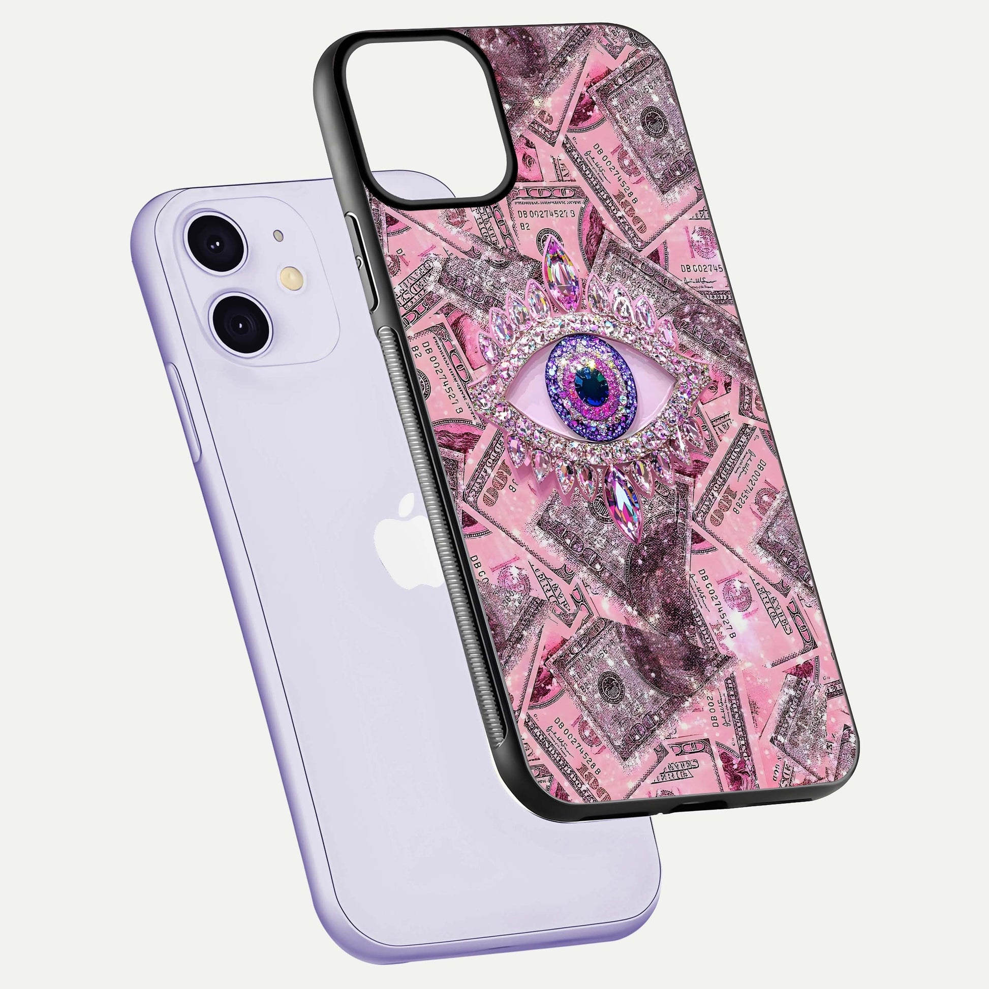 Money Eye Luxe Glass Case for iPhone 11 floating dual-view mockup showing gloss surface and premium look