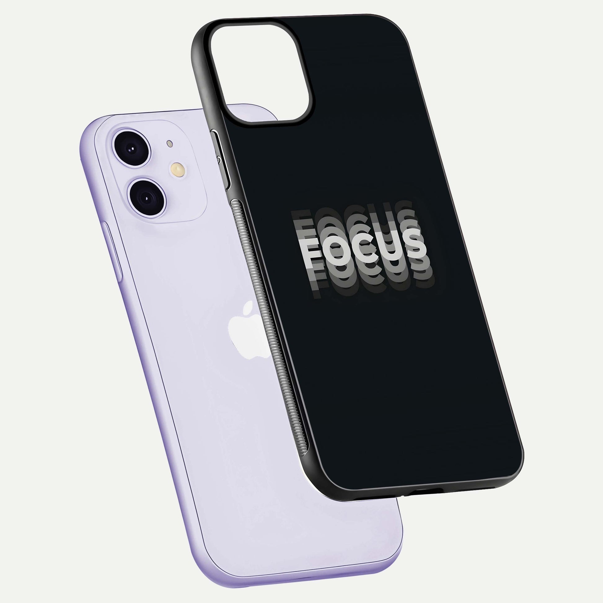 Mono Focus Vision Glass Case for iPhone 11 floating dual-view mockup showing HD gloss and elegant simplicity