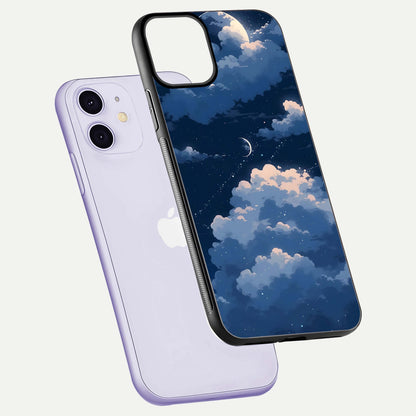 Moon Dream Haze Glass Case for iPhone 11 floating dual-view mockup showing gloss texture and calm tones