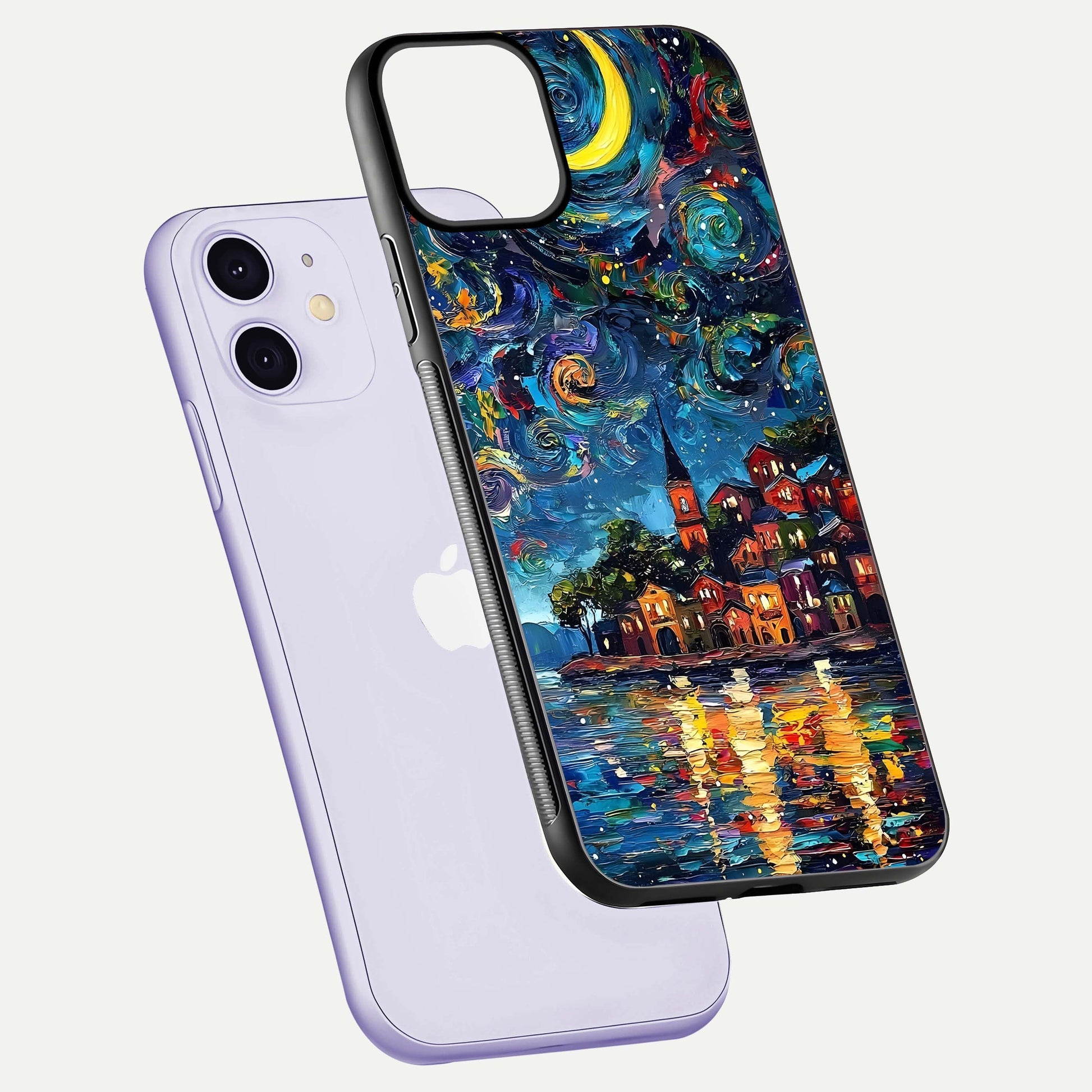 Moonlight Harbor Glow Glass Case for iPhone 11 floating dual-view mockup showing gloss brightness and glow