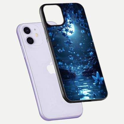Moonlight Petal Dream Glass Case for iPhone 11 floating dual-view mockup showing HD gloss and dreamy art