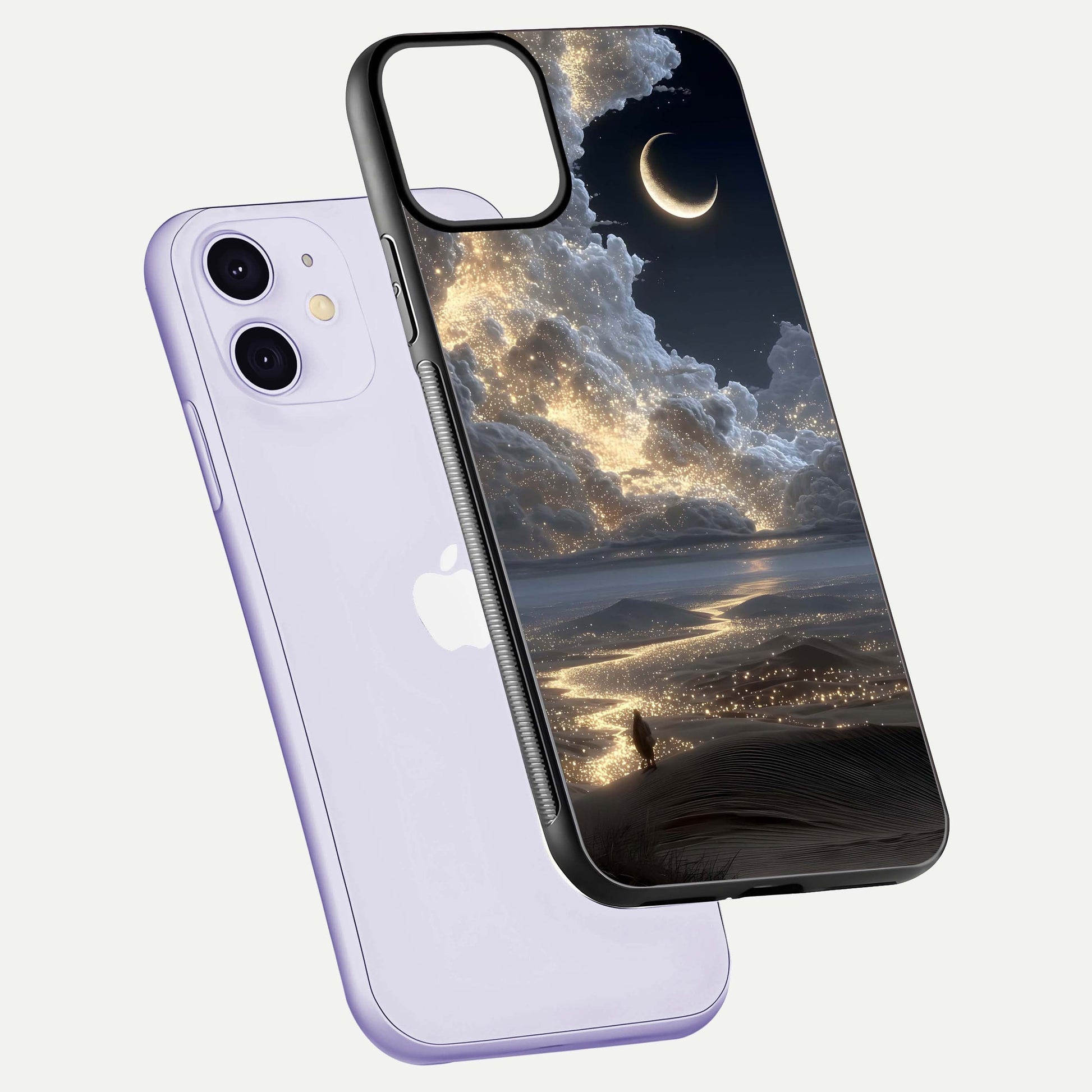 Moonlight Spark Path Glass Case for iPhone 11 floating dual-view mockup showing gloss finish and shine depth