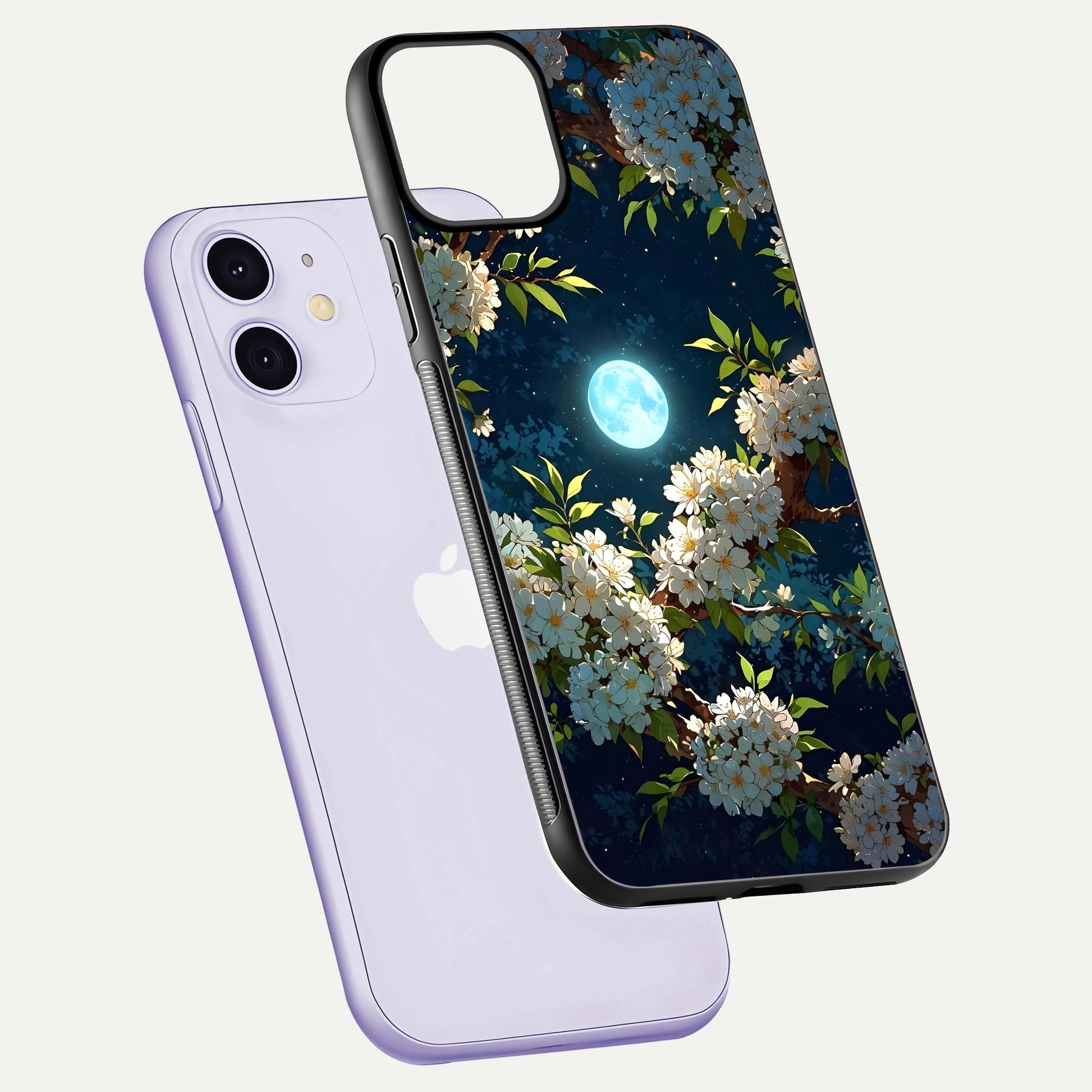 Moonlit Blossom Dream Glass Case for iPhone 11 floating dual-view mockup showing gloss texture and floral tone