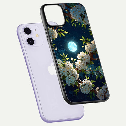 Moonlit Blossom Dream Glass Case for iPhone 11 floating dual-view mockup showing gloss texture and floral tone