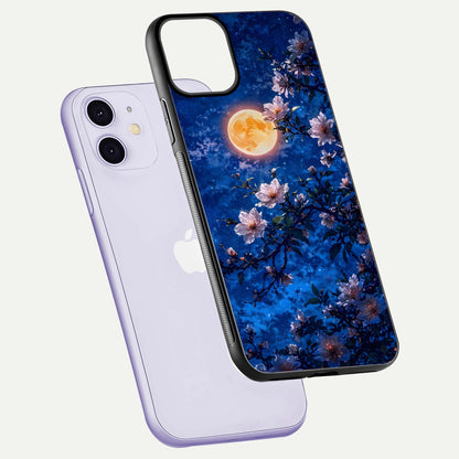 Moonlit Blossoms Night Glass Case for iPhone 11 floating dual-view mockup showing HD gloss and floral contrast