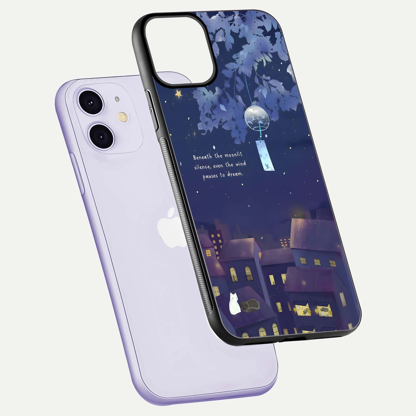 Moonlit Cat Silence Glass Case for iPhone 11 floating dual-view mockup showing gloss reflection and moon art