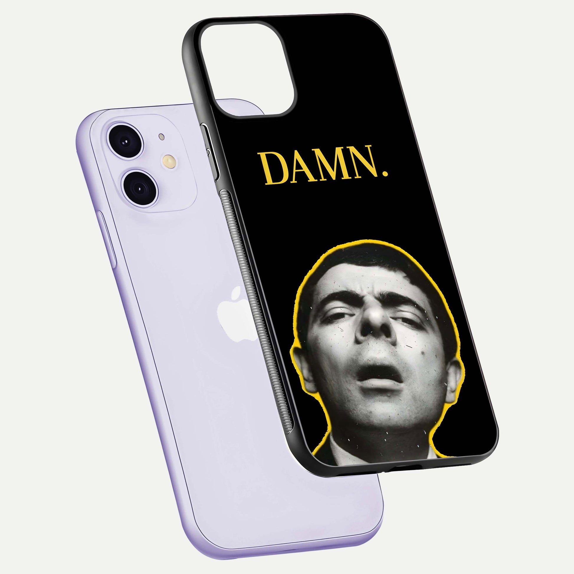 Mr Bean Damn Glass Case for iPhone 11 floating dual-view mockup showing reflective gloss and vivid tones