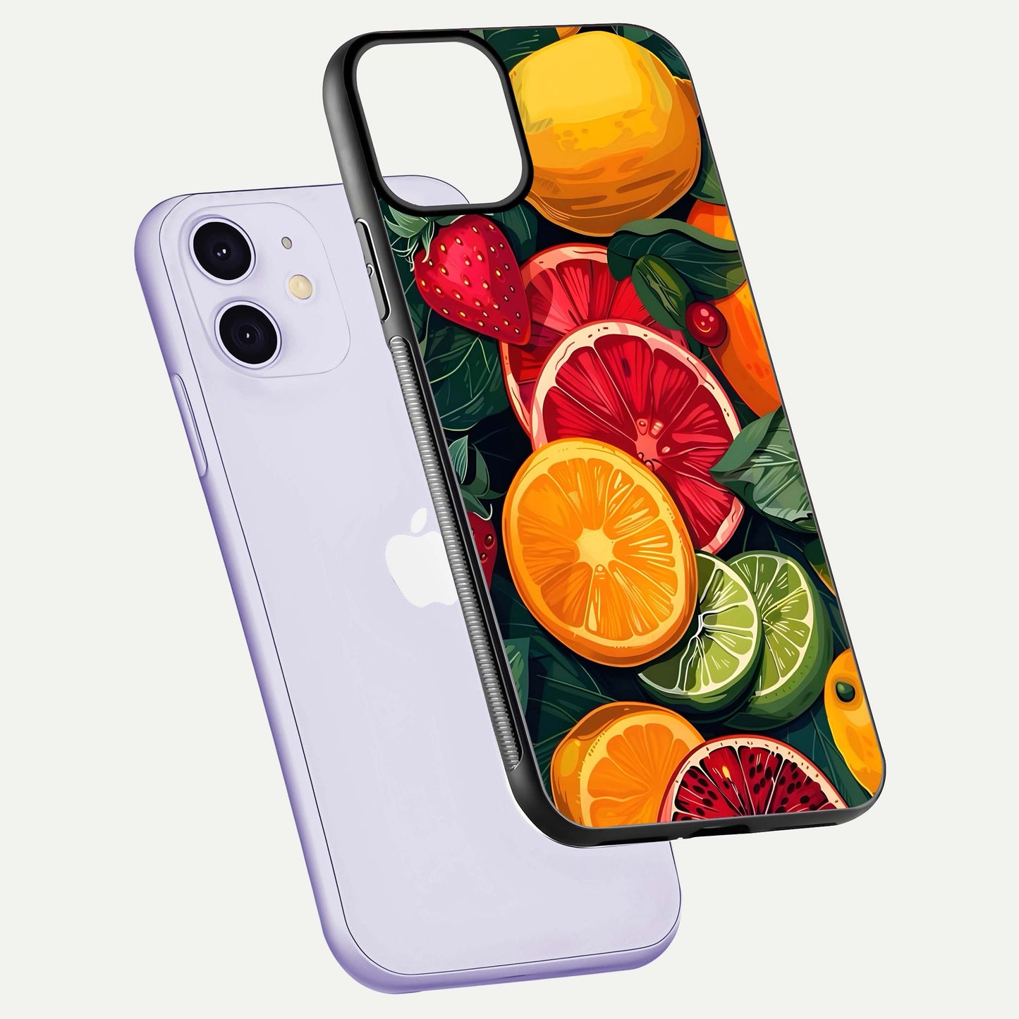 Multiple Fruits Glass Case for iPhone 11 floating dual-view mockup showing reflection depth and freshness