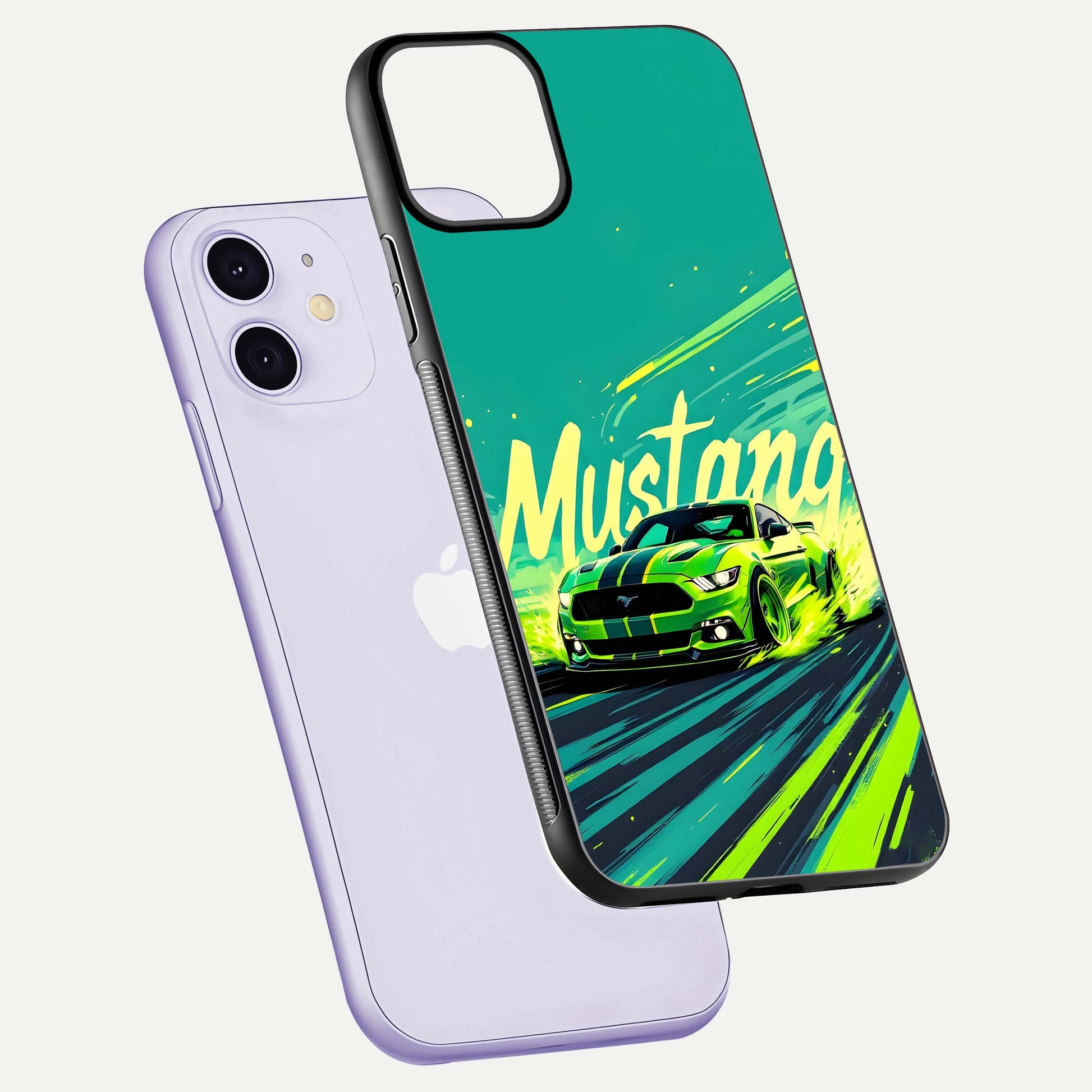 Mustang Bang Glass Case for iPhone 11 floating dual-view mockup showing gloss depth and power design