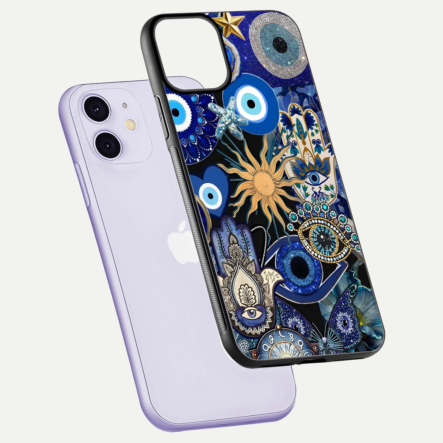 Mystic Blue Evil Eye Glass Case for iPhone 11 floating dual-view mockup showing gloss depth and sacred symbol