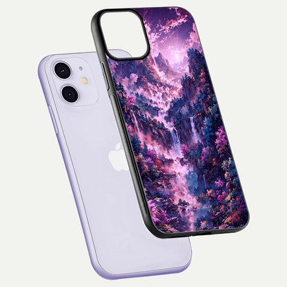 Mystic Cascade Peaks Glass Case for iPhone 11 floating dual-view mockup showing gloss texture and depth