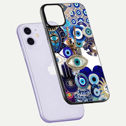 Mystic Charm Eye Glass Case for iPhone 11 floating dual-view mockup showing gloss glow and charm symbol