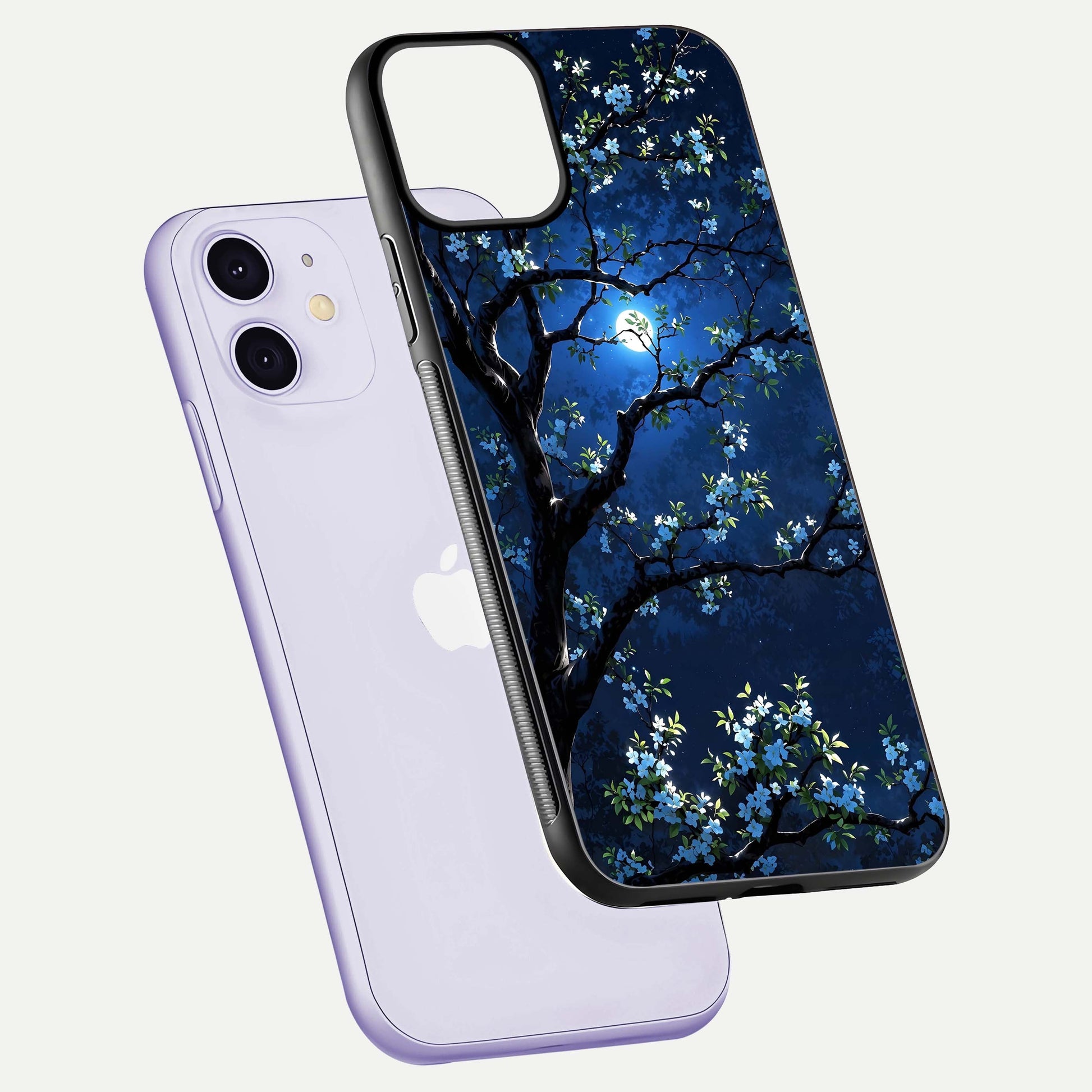 Mystic Floral Night Glass Case for iPhone 11 floating dual-view mockup displaying shine and rich color depth