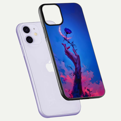 Mystic Hand Glass Case for iPhone 11 floating dual-view mockup showing HD shine and fine palm detail