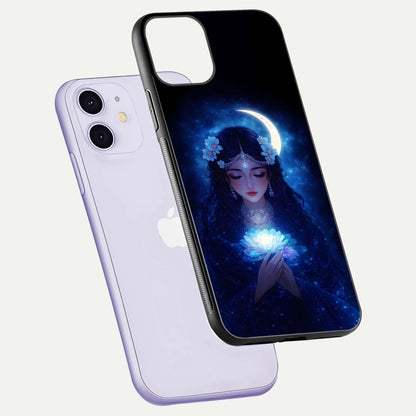 Mystic Moon Queen Glass Case for iPhone 11 floating dual-view mockup showing HD gloss and cosmic glow