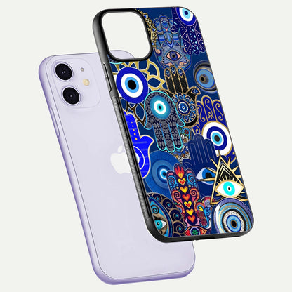 Mystic Palm Guard Glass Case for iPhone 11 floating dual-view mockup showing HD reflection and vivid tone