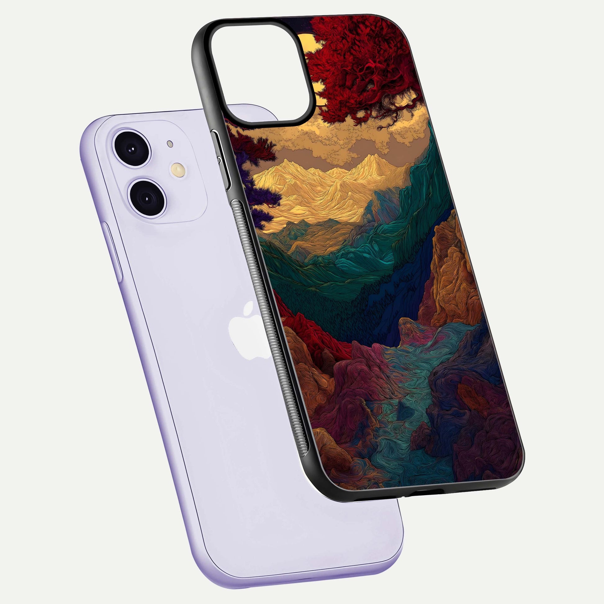 Mystic Valley Light Glass Case for iPhone 11 floating dual-view mockup showing HD gloss and light blend