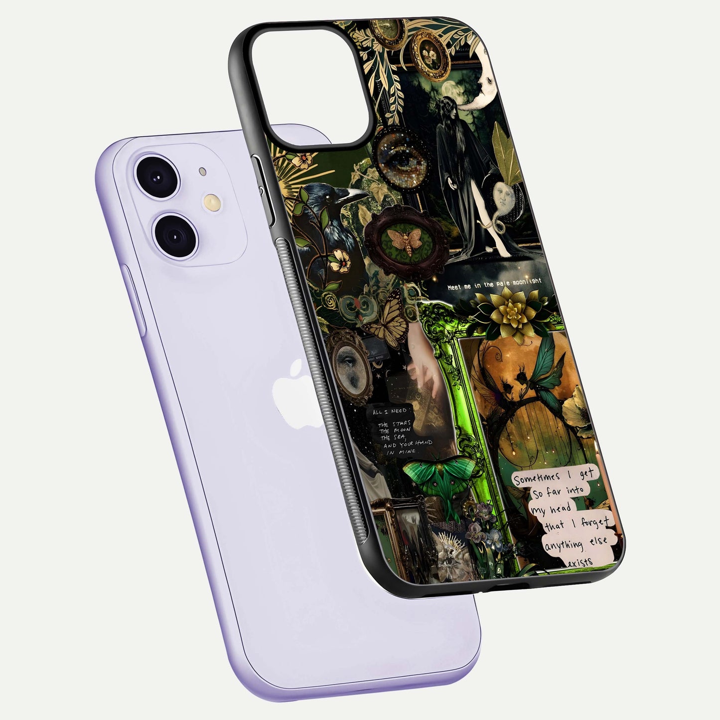 Mystic Woods Secret Glass Case for iPhone 11 floating dual-view mockup showing HD shine and depth