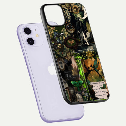 Mystic Woods Secret Glass Case for iPhone 11 floating dual-view mockup showing HD shine and depth