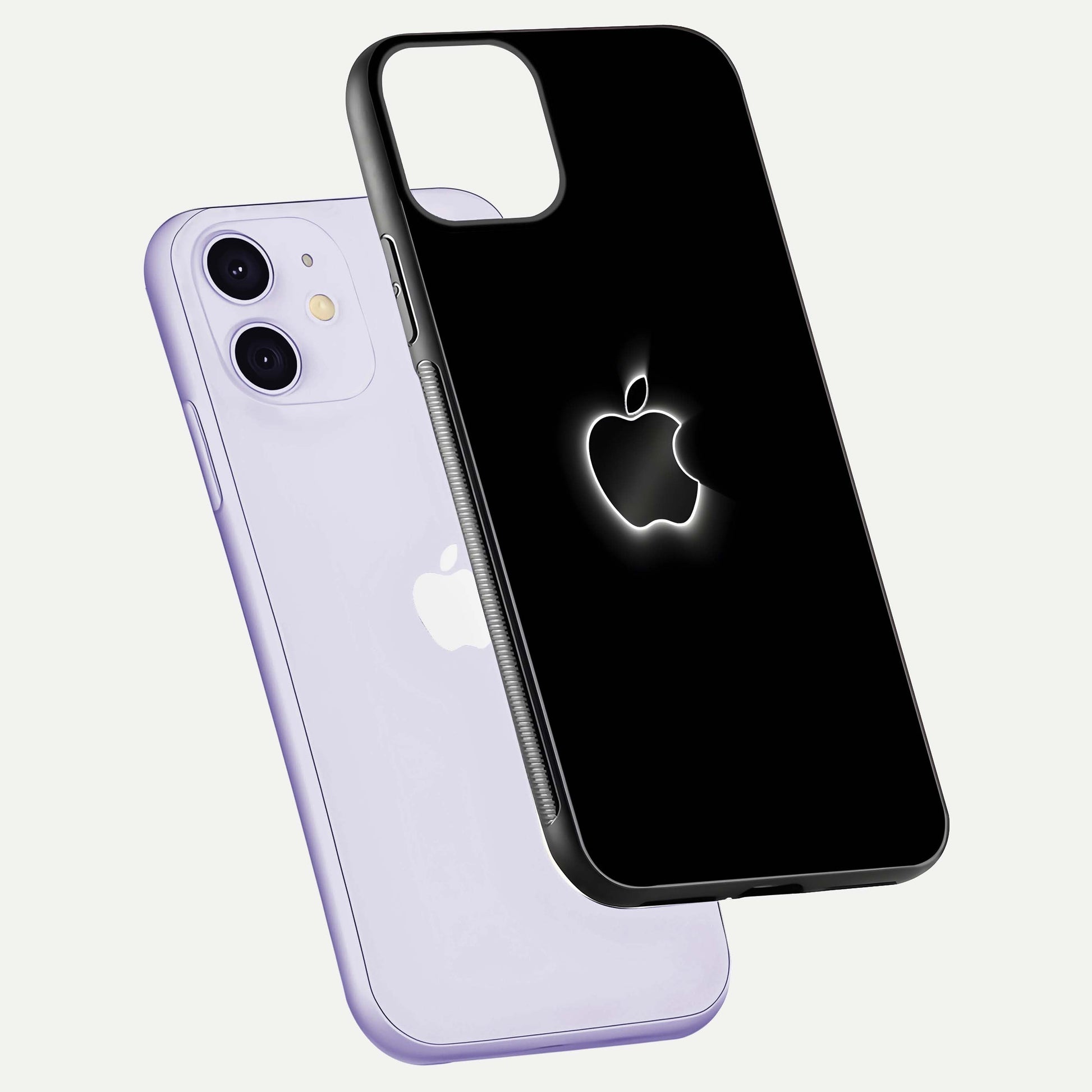 Neon Apple Glow Glass Case for iPhone 11 floating dual-view mockup showing HD shine and modern look