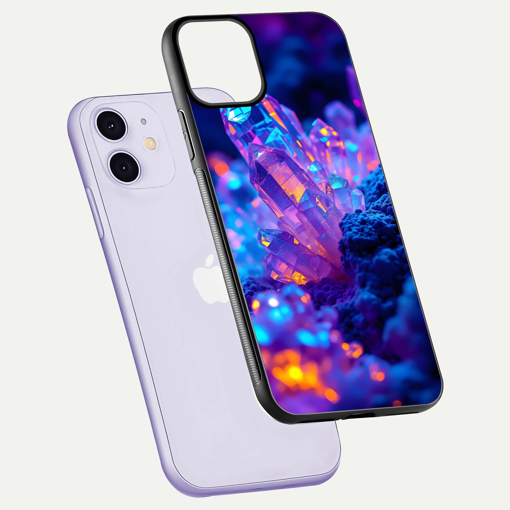 Neon Aura Shards Glass Case for iPhone 11 floating dual-view mockup showing HD shine and shard texture