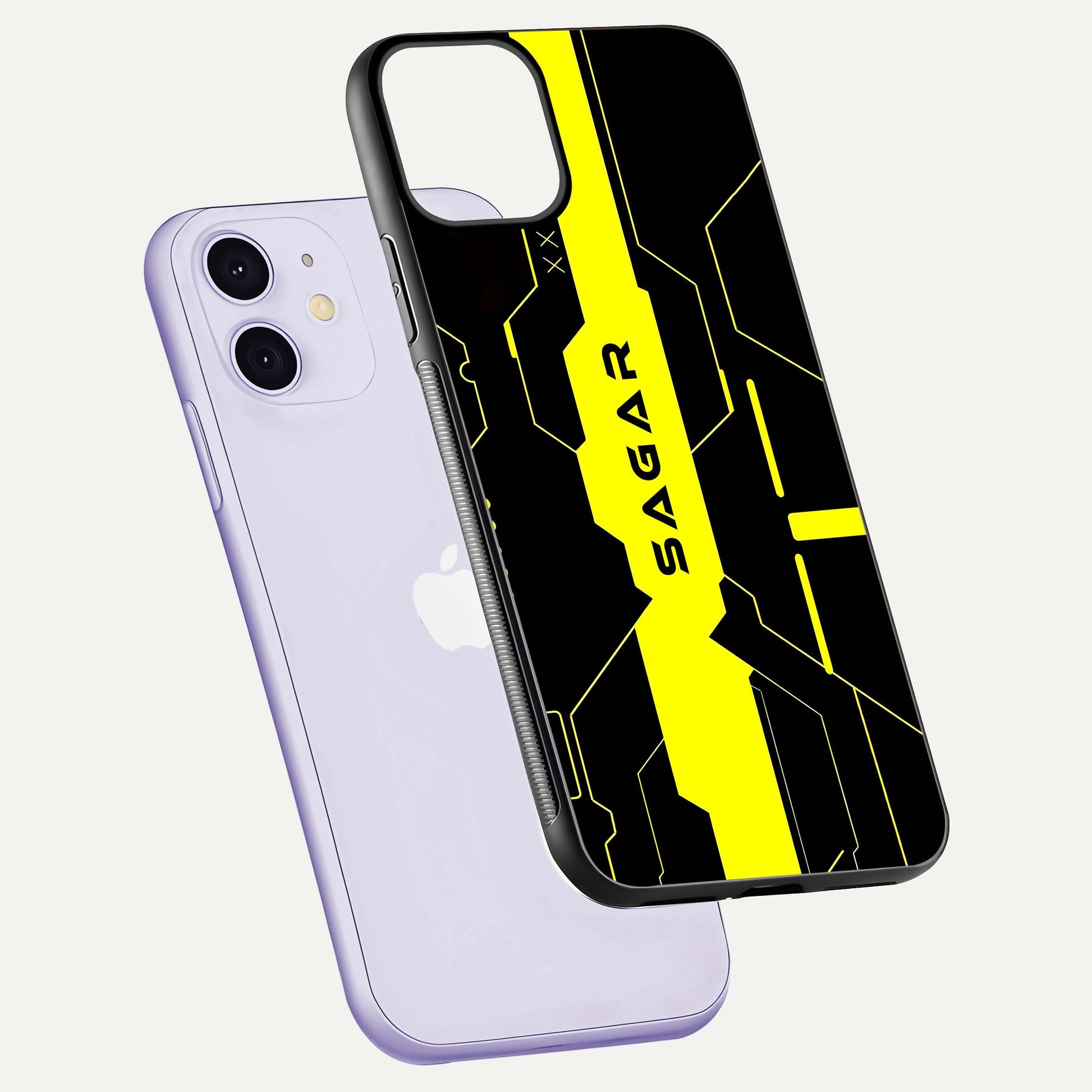 Neon CYBERPUNK Custom Name Glass Case for iPhone 11 floating dual-view mockup showing HD shine and neon lines