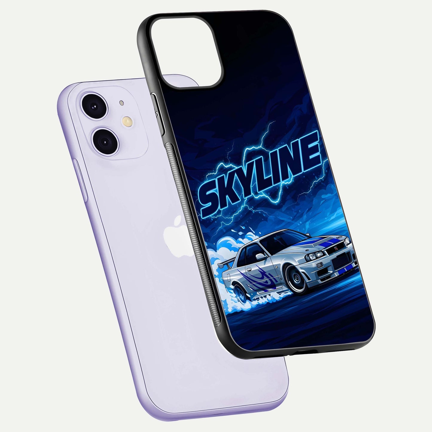 Neon Drift Beast Glass Case for iPhone 11 floating dual-view mockup showing gloss texture and motion glow