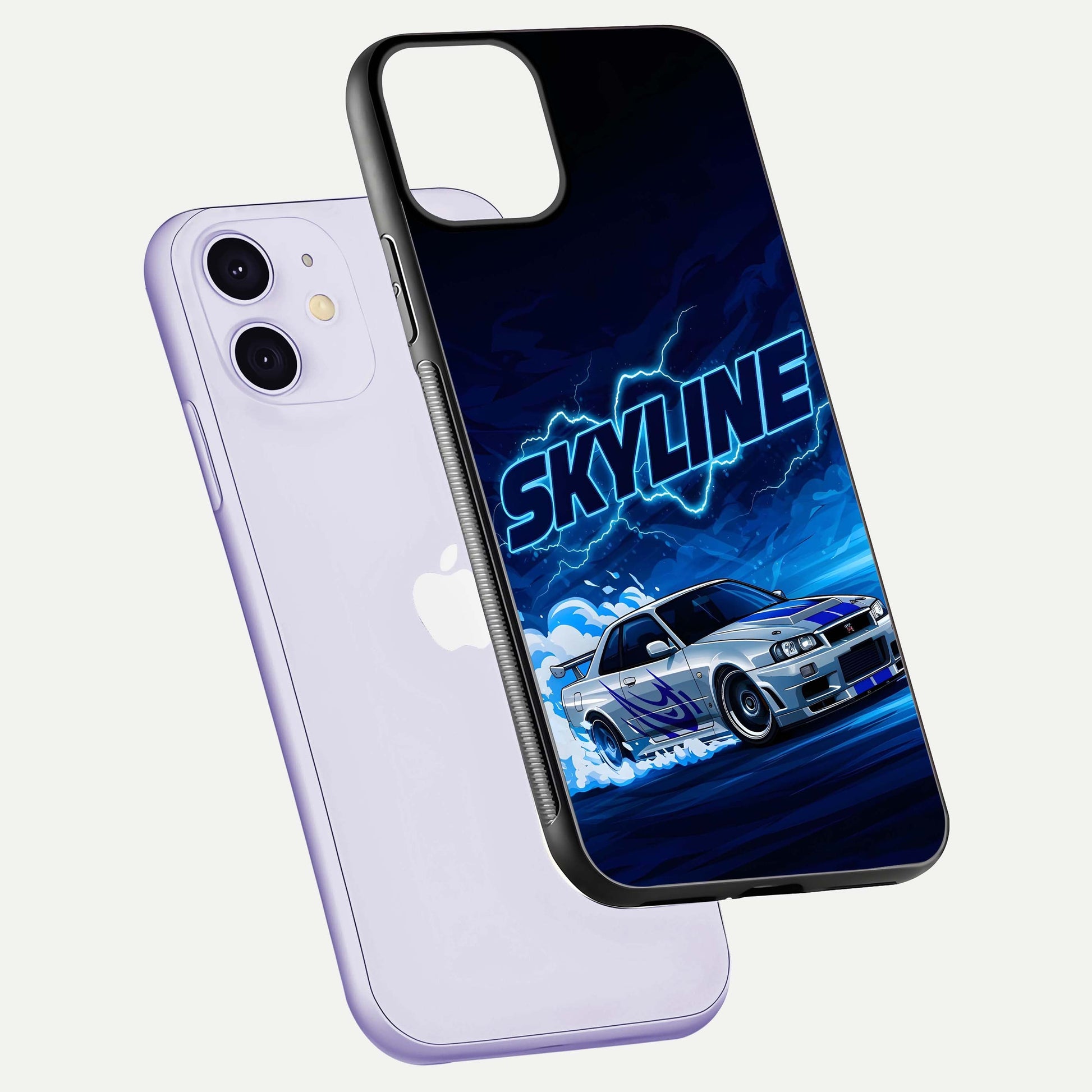 Neon Drift Beast Glass Case for iPhone 11 floating dual-view mockup showing gloss texture and motion glow