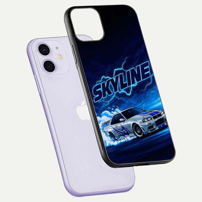 Neon Drift Beast Glass Case for iPhone 11 floating dual-view mockup showing gloss texture and motion glow