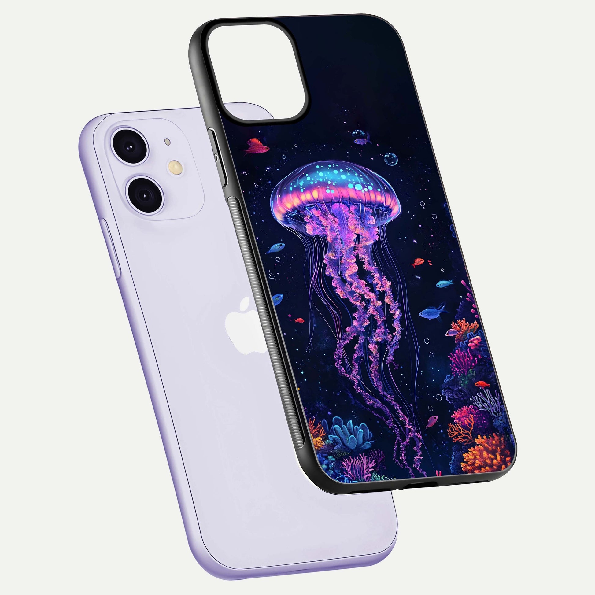 Neon Jellyfish Glass Case for iPhone 11 floating dual-view mockup showing gloss texture and underwater glow