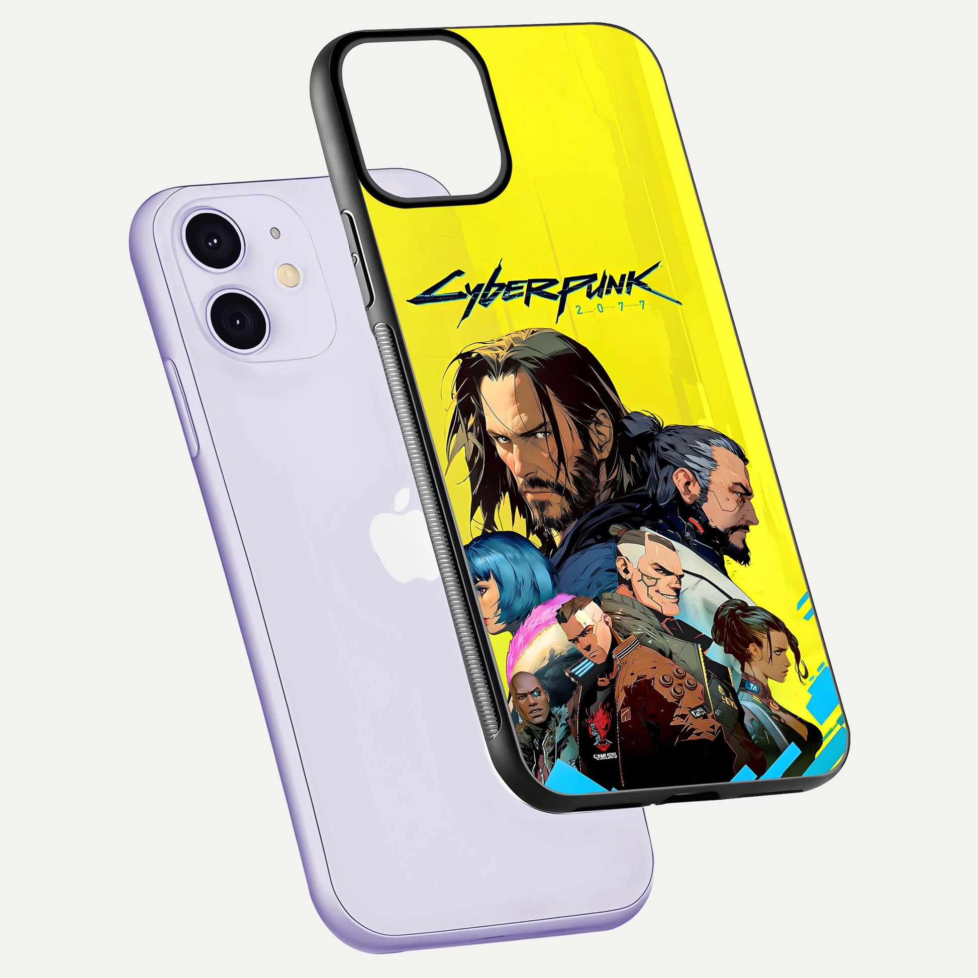 Neon Rebel Genesis Glass Case for iPhone 11 floating dual-view mockup showing electric glow and depth