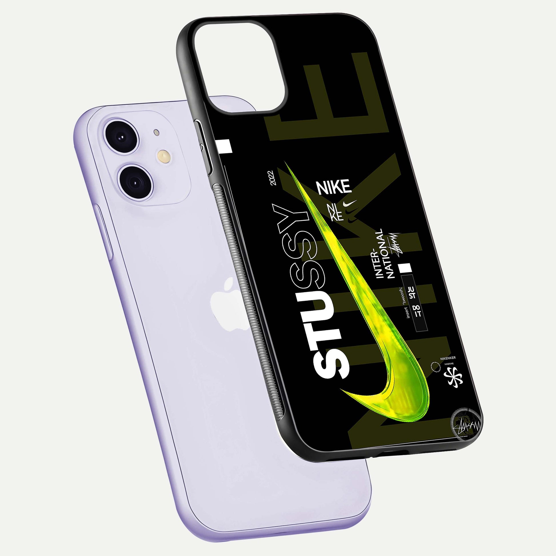Neon Street Edition Glass Case for iPhone 11 floating dual-view mockup showing HD gloss and neon glow