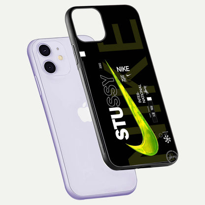 Neon Street Edition Glass Case for iPhone 11 floating dual-view mockup showing HD gloss and neon glow