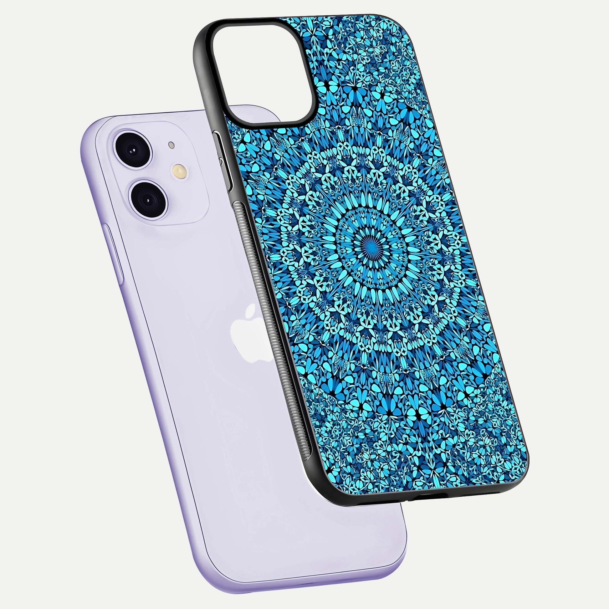 Ocean Bloom Mandala Glass Case for iPhone 11 floating dual-view mockup showing gloss texture and print depth