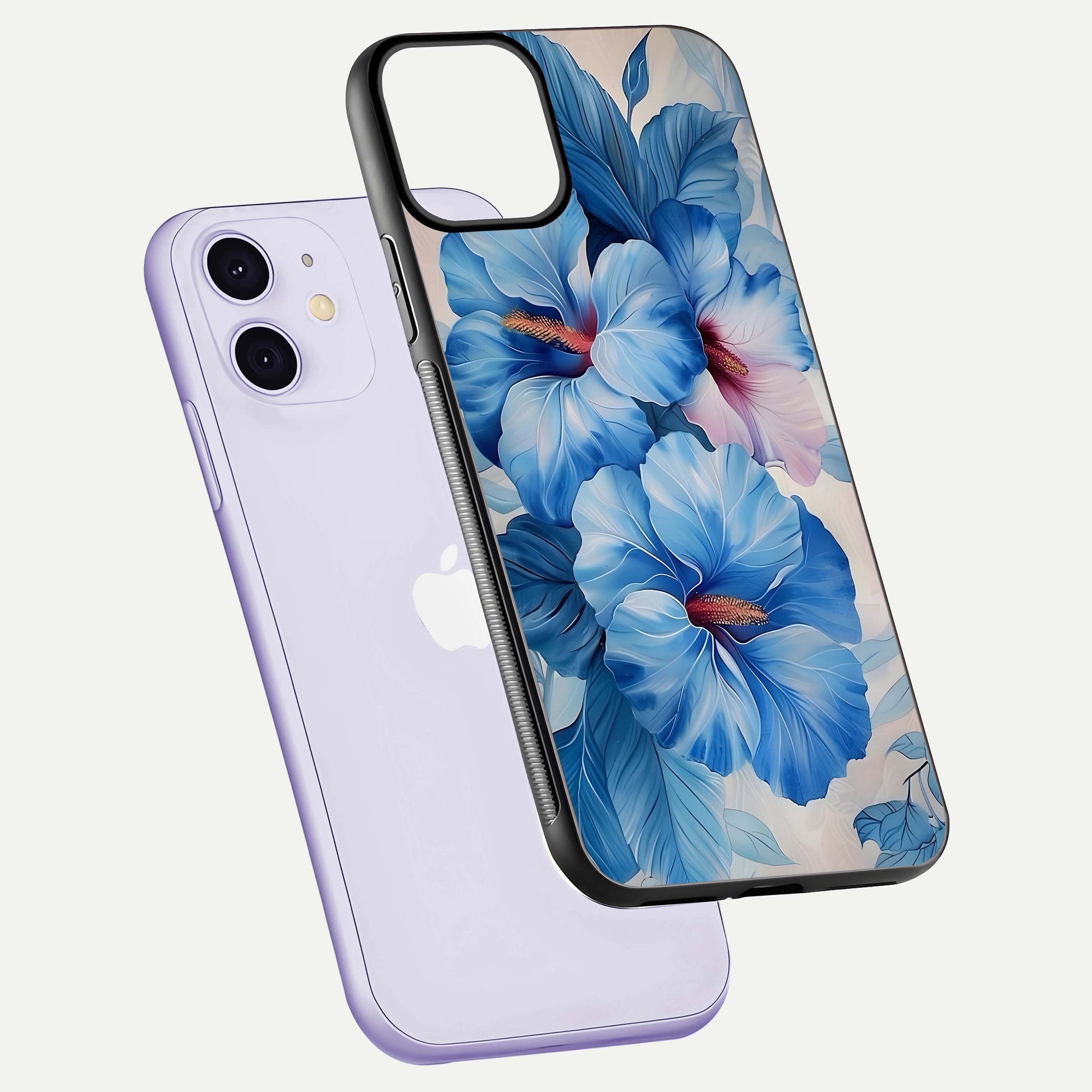 Ocean Hibiscus Grace Glass Case for iPhone 11 floating dual-view mockup showing gloss reflection and print clarity