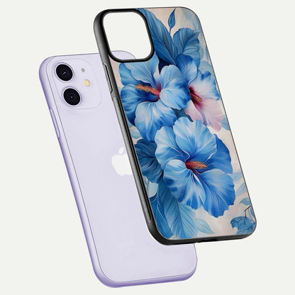 Ocean Hibiscus Grace Glass Case for iPhone 11 floating dual-view mockup showing gloss reflection and print clarity