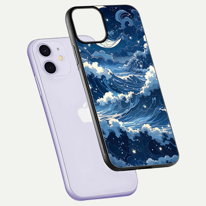 Ocean Moon Waves Glass Case for iPhone 11 floating dual-view mockup showing gloss texture and moon glow