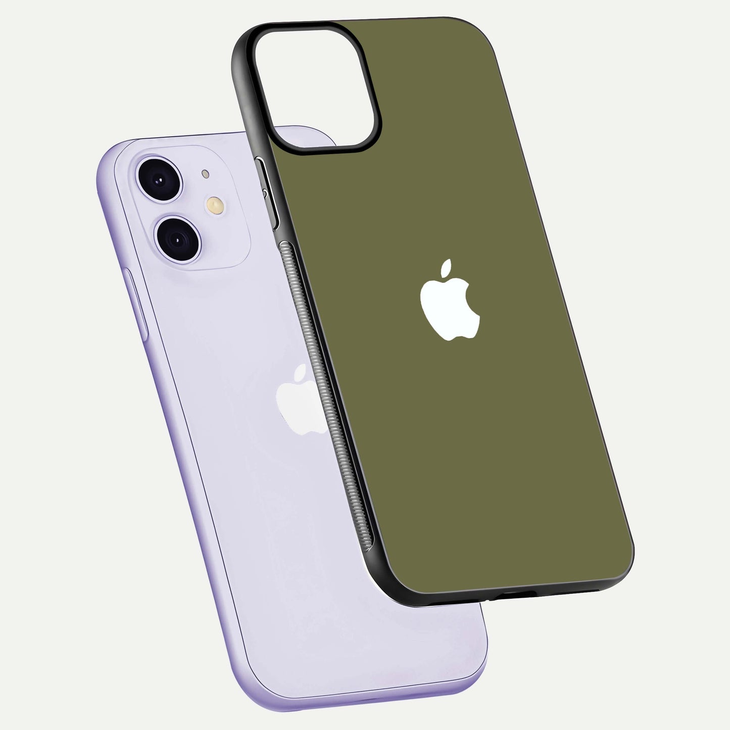 Olive Matte Essence Glass Case for iPhone 11 floating dual-view mockup showing matte gloss and depth