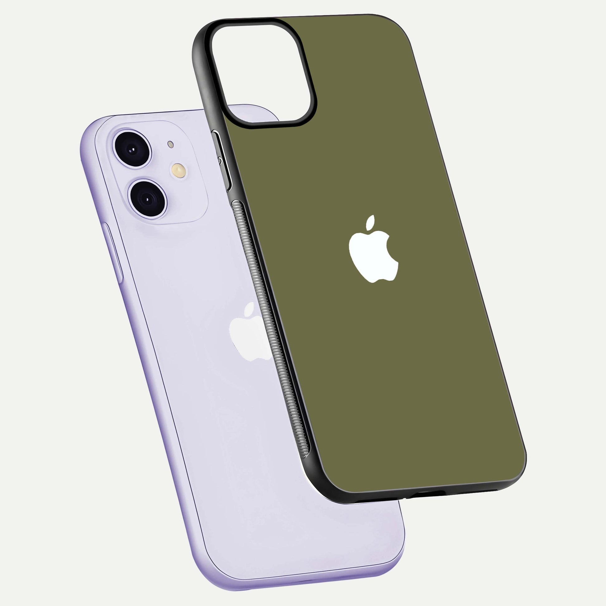Olive Matte Essence Glass Case for iPhone 11 floating dual-view mockup showing matte gloss and depth