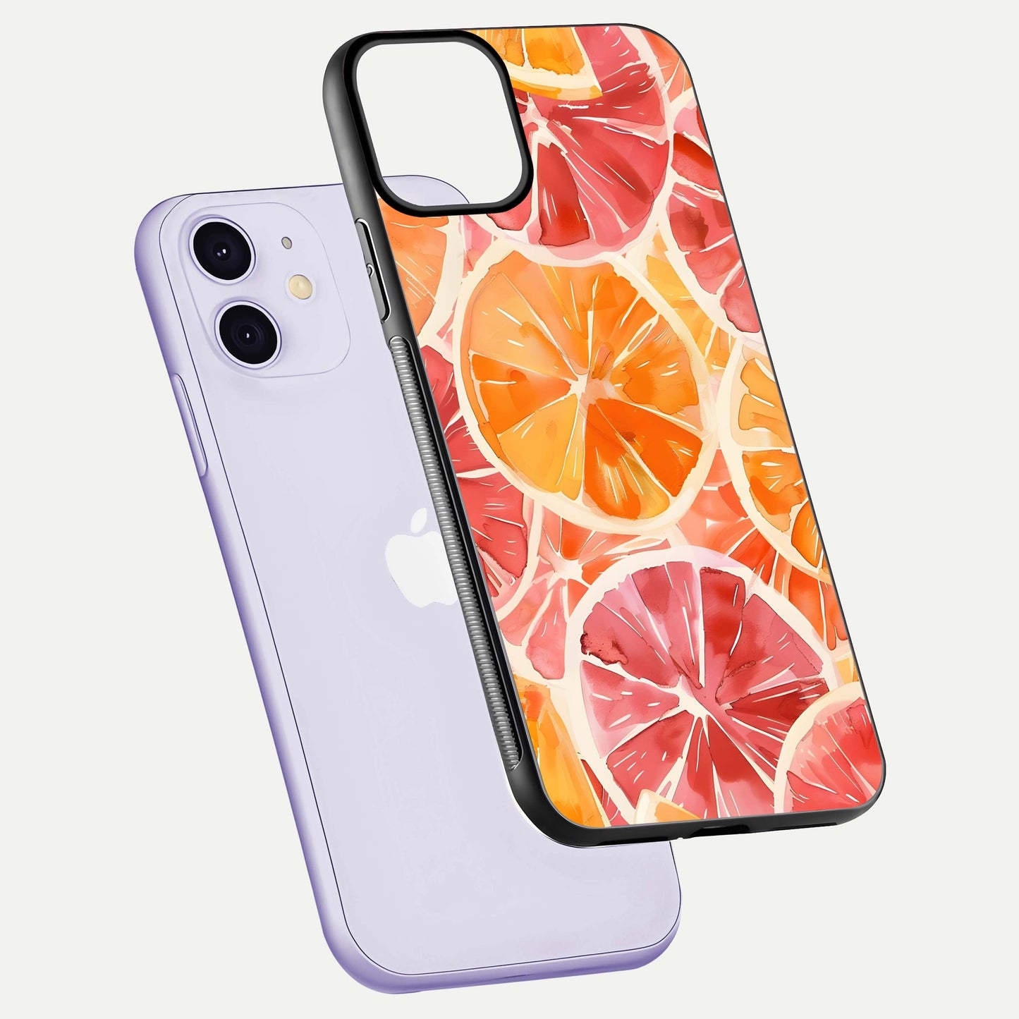 Orange Fruits Pattern Glass Case for iPhone 11 floating dual-view mockup showing gloss reflection and HD tone