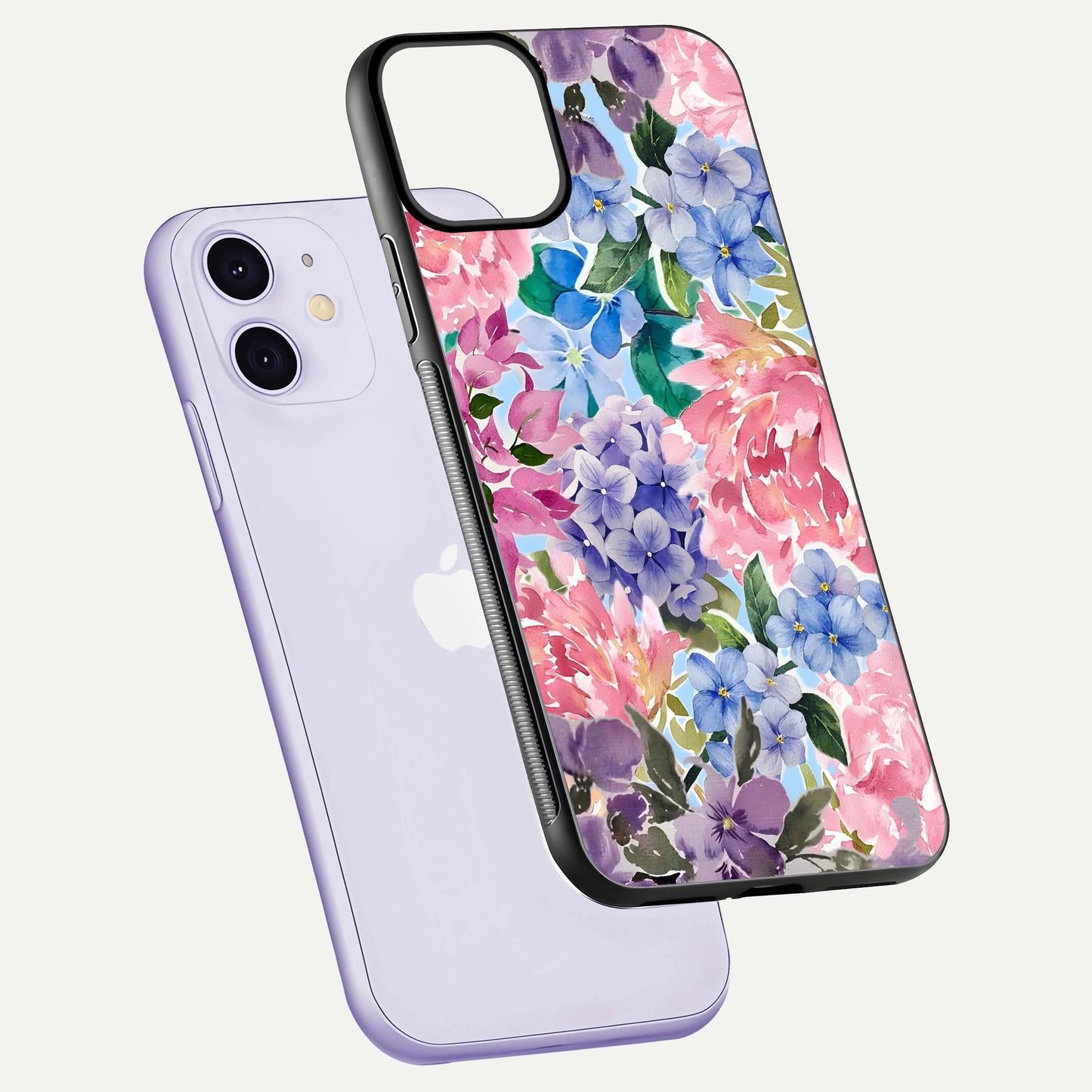 Pastel Floral Mix Glass Case for iPhone 11 floating dual-view mockup showing HD gloss and floral texture